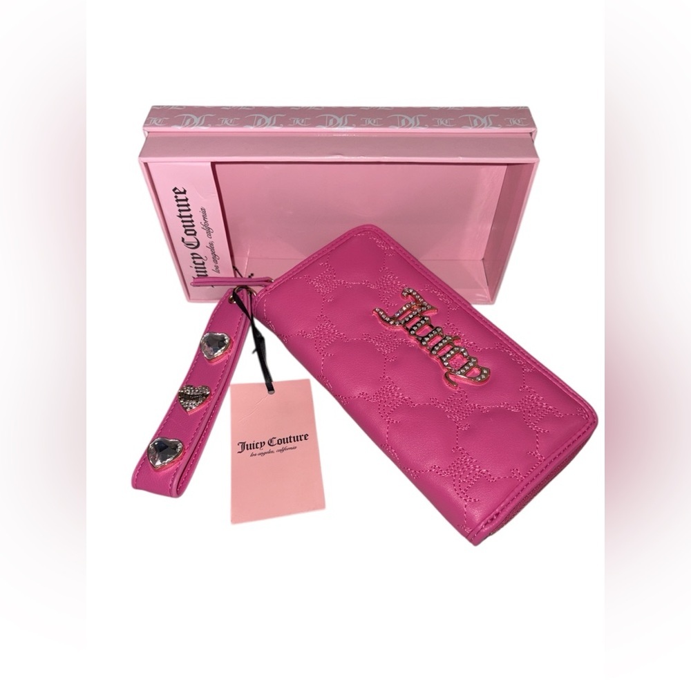NWT Juicy Couture Zip Around Gothic Quilted Wallet Hot Pink w/ Keychain charm